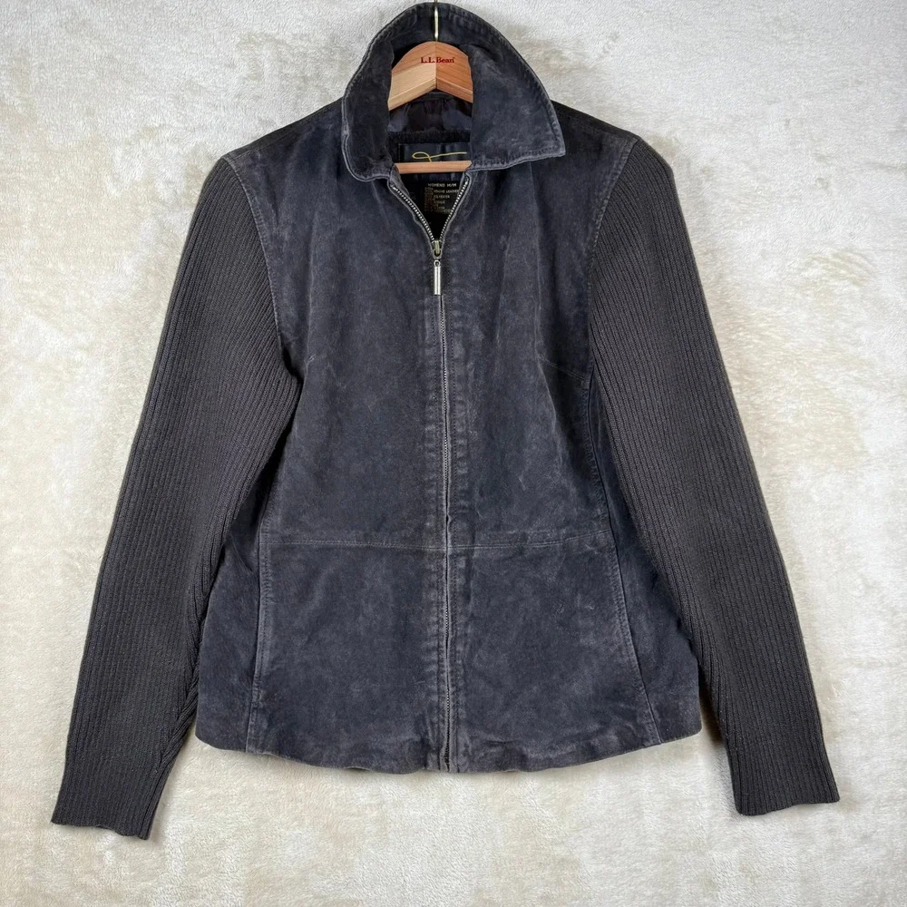 Fabio Womens Leather Jacket Size M Sweater Knit‎ Sleeve Zip Up Brown Y2K